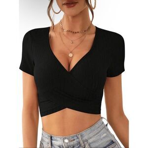 Halara Black Deep V Neck Ribbed Wrap Crop Top Short Sleeve Stretchy Size S NWT